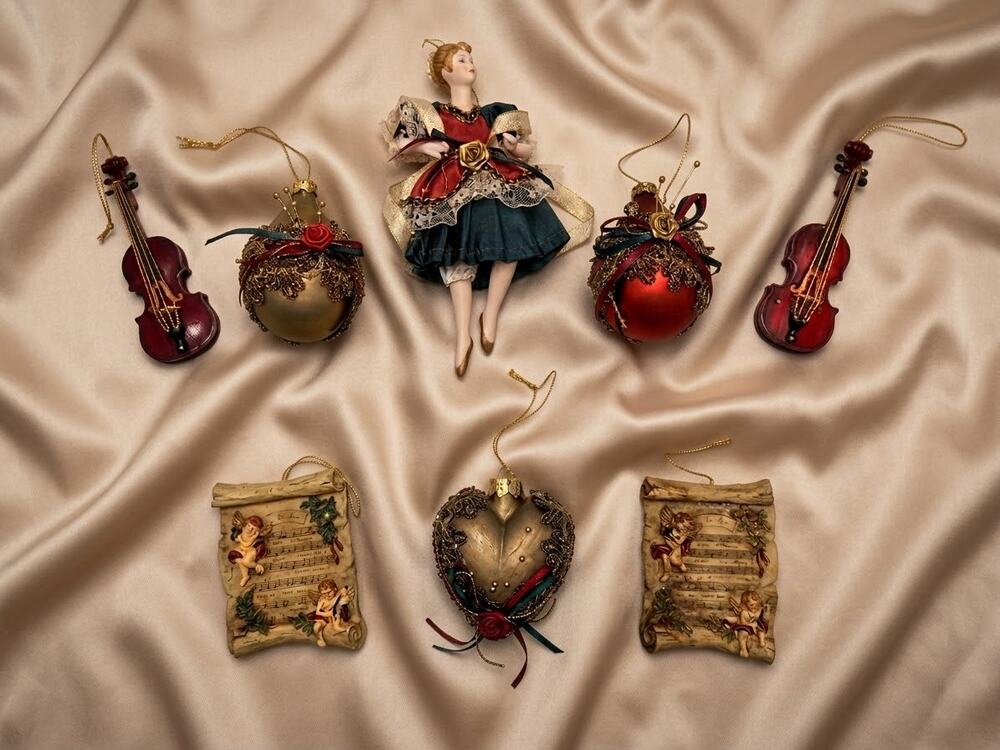 Vintage Victorian Musical Christmas Ornaments Set of 8 Porcelain Doll Music